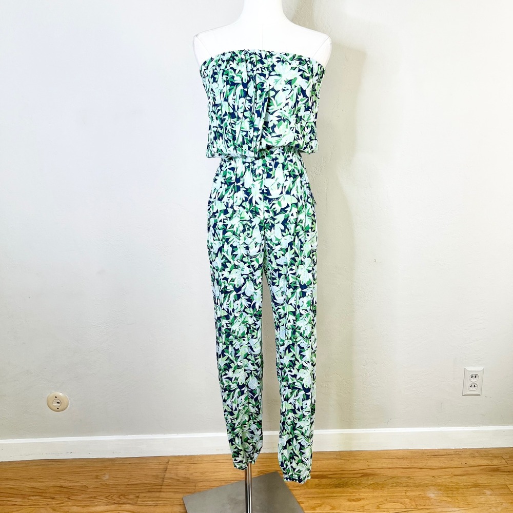 Poupette St. Barth Jumpsuit Strapless Floral Size XS Green Blue Tropical